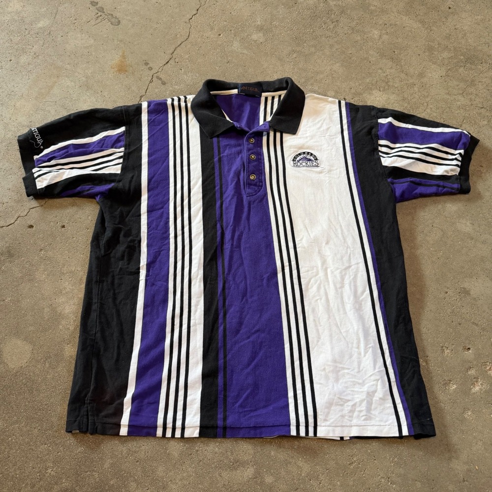 Antigua Polo Shirt Mens XL Purple Colorado Rockies MLB Vintage Vertical Stripe